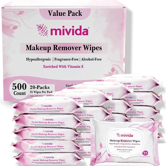 mivida Hypoallergenic Makeup Remover Wipes Bulk with Vitamin E, 500 count (20×25) Value box, Alcohol Free, Fragrance Free Makeup Wipes for Sensitive Skin, Travel Size Plant Based Facial Towelettes