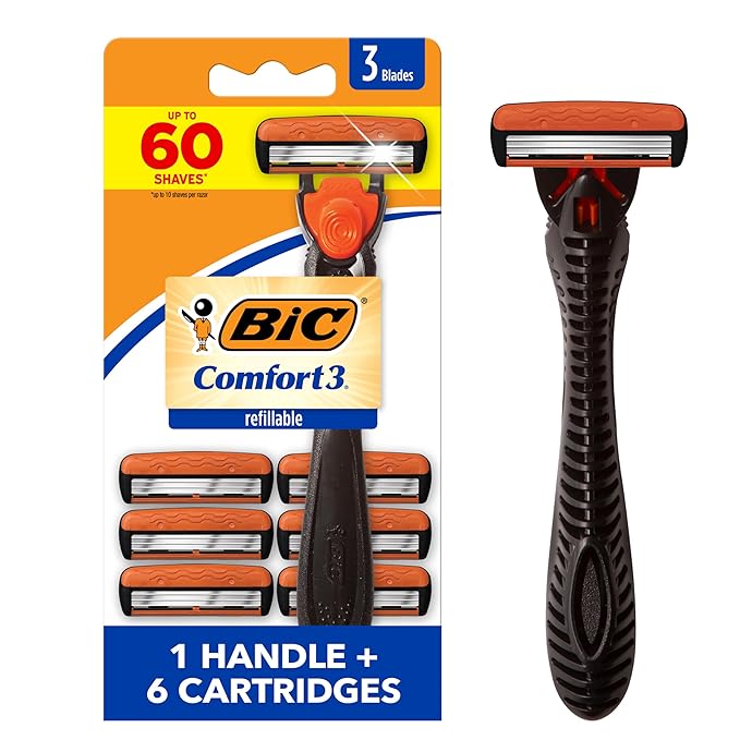 BIC Comfort 3 Men's Refillable 3 Blade Razors, Self Care and Personal Care Products, 1 Handle and 6 Cartridges