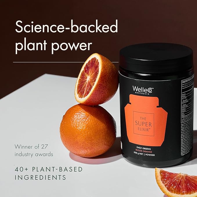WelleCo The Super Elixir Daily Greens Powder, Probiotic Drink Mix with Whole Foods, Gluten Free, Vegan Gut Health Powder, Energy, Immunity, Healthy Skin, Hair & Nails (Jar, Blood Orange)