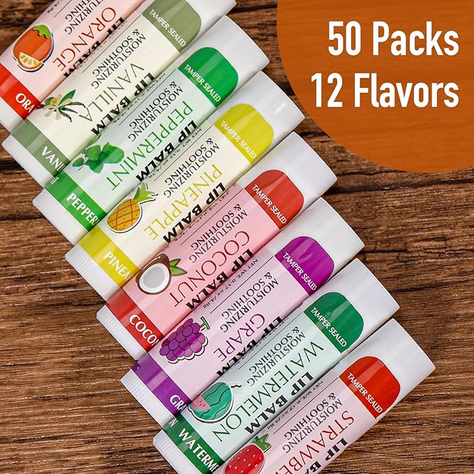 AZEN 50 Pack Lip Balm, Natural Lip Balm Bulk, Lip Care Product, Moisturizing Lip Balms for dry cracked lips - 12 Flavors