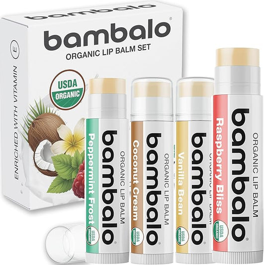USDA Organic Lip Balm Variety 4-Pack by Bambalo – Beeswax, Coconut Oil, Vitamin E – Lip Repair Chapstick for Dry Cracked Lips – Moisturizing Care for Men and Women