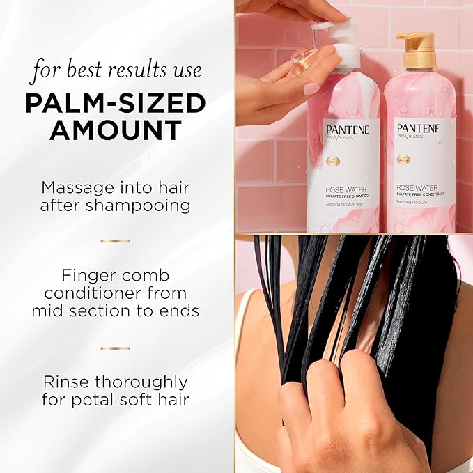 Pantene Rose Water Conditioner, Soothes, Replenishes Hydration, Safe for Color Treated Hair, Nutrient Infused with Vitamin B5 and Antioxidants, Pro-V Blends, 30.0 oz