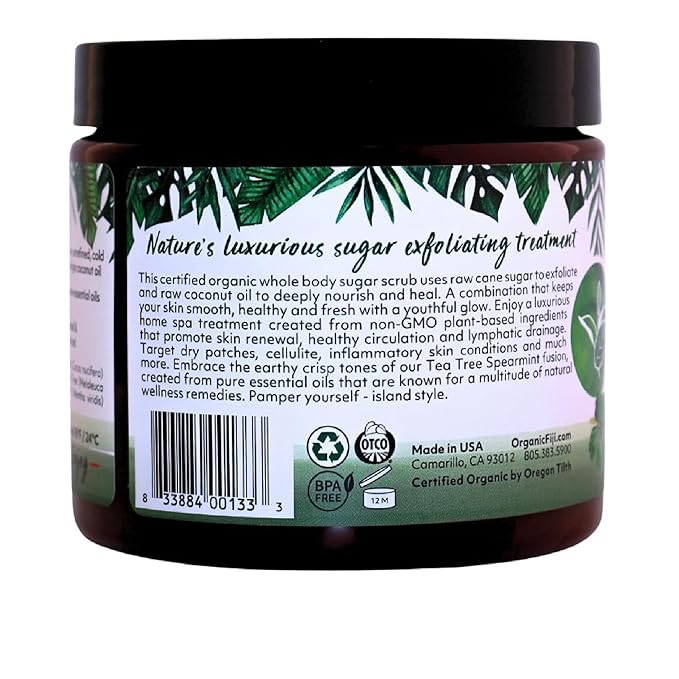 Organic Fiji Coconut Oil Infused Sugar Scrub for Face & Body 20-Ounces (20 Ounce (Pack of 1), Tea Tree Spearmint)