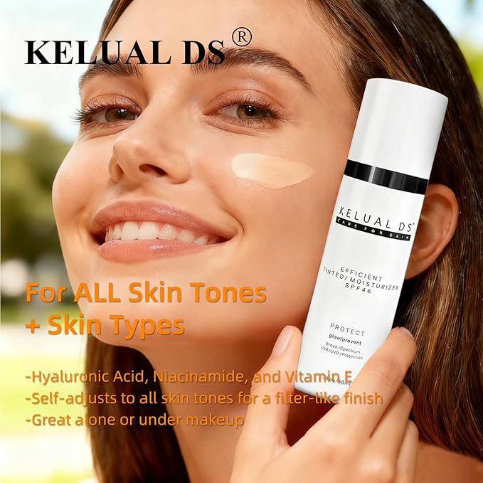 KELUAL DS Anti-Aging Tinted Face Moisturizer & Sheer Face Sunscreen SPF 46, Hydrating Skin Care & Sunscreen Moisturizer,1.7OZ/50ML