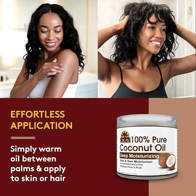OKAY 100% Pure Coconut Oil for Hair & Skin - Coconut Oil for Women & Men, Perfect for Hair & body, Natural Massage Oil & Moisturizer - 6 fl oz Jar (Pack of 1)