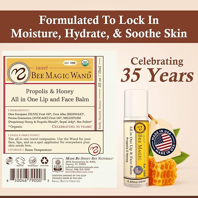 Organic Beeswax Lip Balm - Natural Chapstick for Dry Lips - Honey & Propolis Moisturizing Wand - Non Petroleum Lip Balm for Men & Women - Clean Lip Care for All Skin Types, 0.65 oz