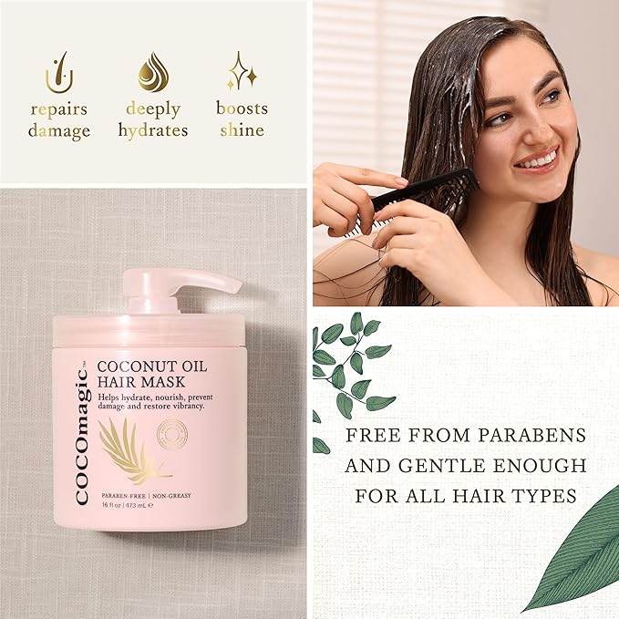Cocomagic Coconut Oil Hair Mask - Repairs Damage, Prevents Frizz, Restores & Adds Shine | Protein Rich & Extra Hydrating | Paraben Free, Cruelty Free, Made in USA (16 Fl Oz, 2 Pack)