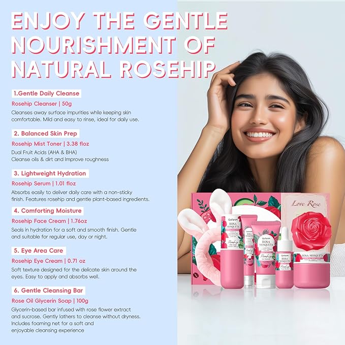 Rosehip Skin Care Sets, Rosehip & Vit-E Skincare Kits, Restore Skin Elasticity, Refine Texture, Even Tone, Moisturizing, for All Skin Types, Valentine's Day Birthday Gift, Luxurious 6PCS