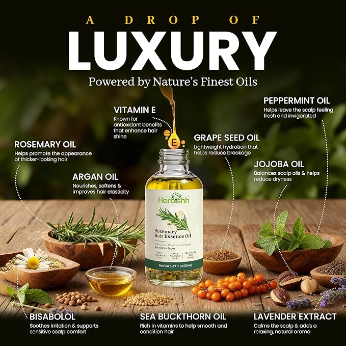 Herbishh Rosemary Hair Essence Oil (50 ml, Pack of 3) With Peppermint & Lavender – Growth Oil for Hair Thickening, Dry Scalp Treatment, Helps Support Regrowth & Reduce Breakage, For Men & Women