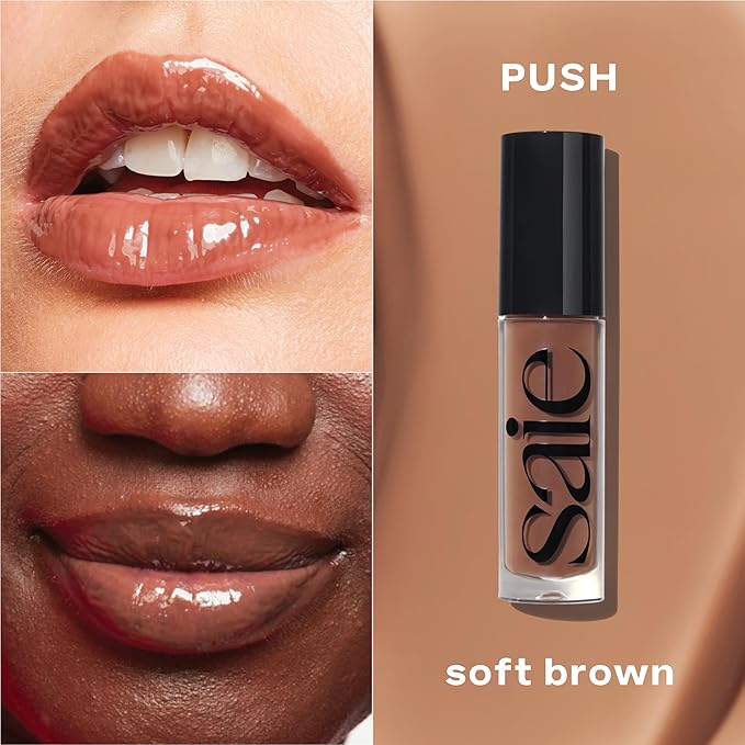 Saie Glossybounce - Hydrating Lip Gloss and Tinted Lip Oil Hybrid with Hyaluronic Acid & Jojoba Oil for Non-Sticky, Ultra-Shiny, Plump & Soft Lips - Everyday Makeup Essential - Push (.17 oz)