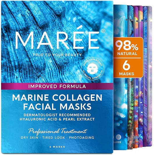 MAREE Collagen Facial Mask with Hyaluronic Acid — Sheet Face Mask Skincare — Centella Asiatica, Green & Red Algae Extract — Hydrating Facemask For Women Skin Care — Mascarillas Para La Cara — 6 Count