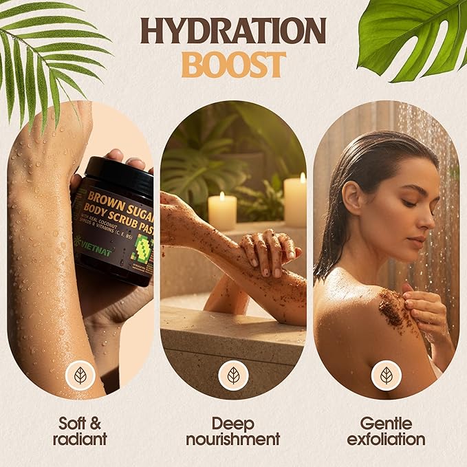 VIETNAT Exfoliating Brown Sugar Body Scrub with Coconut Shreds, Vitamins C, E & B5 – Softens & Refreshes Look of Skin – 8.8 oz