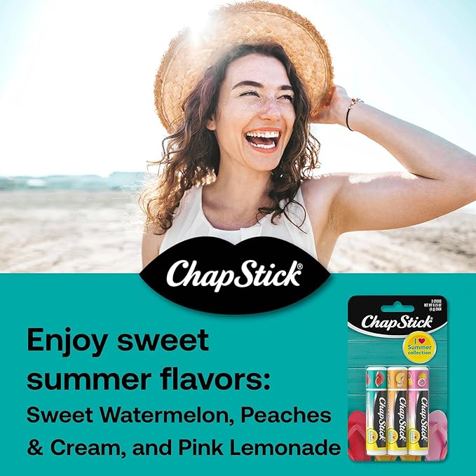 ChapStick Lip Balm, I Love Summer Collection, Variety 3-Pack – Sweet Watermelon, Peaches & Cream, Pink Lemonade, Moisturizing Lip Care, 0.15 Oz Ea