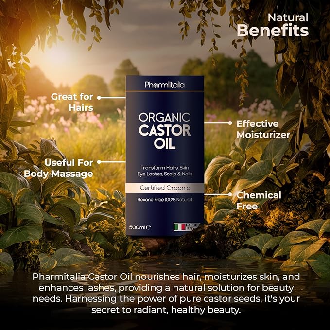 Pharmlitalia Caster Oil Organic Cold Pressed Unrefined Glass Bottle - Organic Golden Castor Oil for Face, Scalp, Eyelashes, Skin Care and Nails - Aceite De Castor Organico Puro - 500ml
