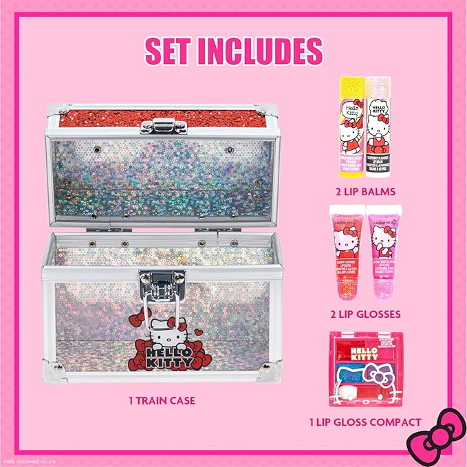 Hello Kitty Beauty Mini Train Case Set Includes Lip Gloss Tube, Lip Balm, Lip Gloss Compact for Girls Party, Sleepovers by Townley Girl