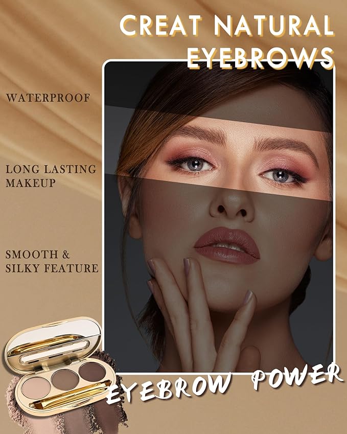 Eyebrow Powder Makeup Kit-3 Colors Eye Brow Tinting Powder Palette for Women Eyebrows Long-Lasting Waterproof, Dark Grey Black Brown Brow Filler, Enhance & Define Brows, With Mirror, Brow Tool -Set 02