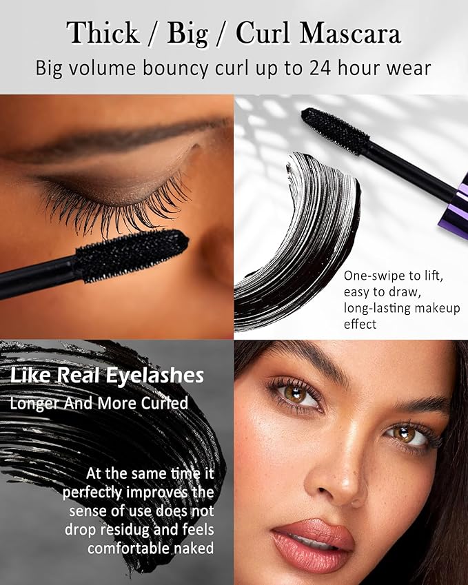 Black Waterproof Mascara & Eyeliner, 5D Silk Fiber Lash Extension Colored Tube Mascara Volume and Length,Long-Lasting Smudge-Proof Volumizing Colorful Máscara and Liquid Eyeliner Pen Set for Women