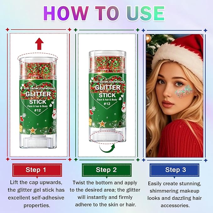 Christmas Body Glitter Stick, Face Body Glitter Gel Holographic Hair Glitter Halloween Chunky Sequin Waterproof Face Paint Stick Glitter Makeup for Kids and Women