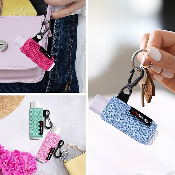 HEYSKAY 3PCS Lip Balm Holder Sleeves Keychain Chapstick Holder Lip Gloss Holder Keychain Chapstick Elastic Sleeves(Beige/Grey/Orange)