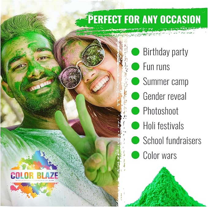 Color Blaze Holi Colored Powder - 5 lbs of Green Powdered Color - for Fun Runs, Color Toss, Rangoli, Powder War, Backyard Party & Festivals - Pack of 1 Colorful Bag - 5 Pounds in Bulk - Green