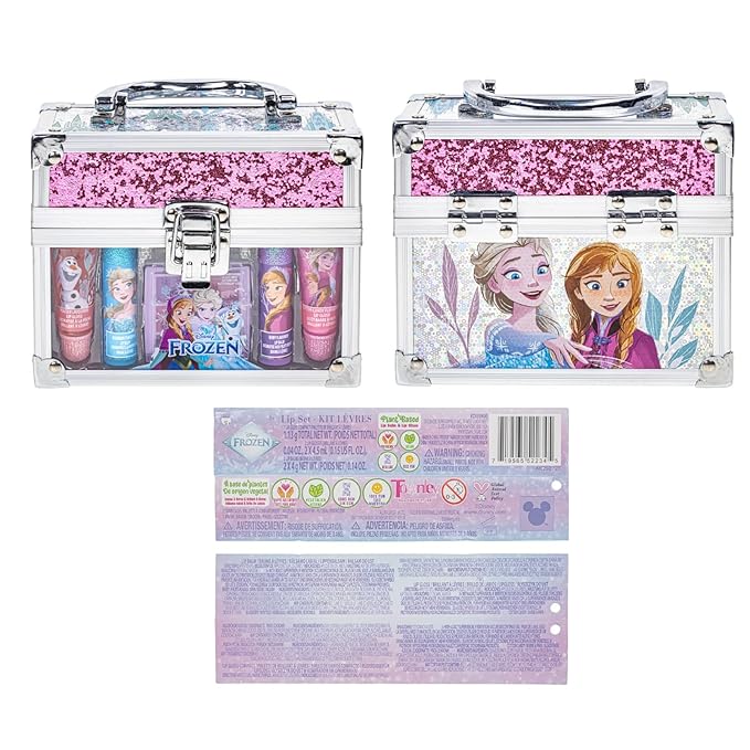 Disney Frozen Beauty Mini Train Case Set Includes Lip Gloss Tube, Lip Balm, Lip Gloss Compact for Girls,for Parties, Sleepovers by Townley Girl