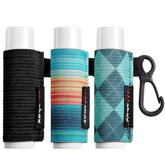 HEYSKAY 3PCS Lip Balm Holder Sleeves Keychain Chapstick Holder Keychain Lip Gloss Holder Keychain Chapstick Elastic Sleeves(Black/Color strip/Geometrical pattern)