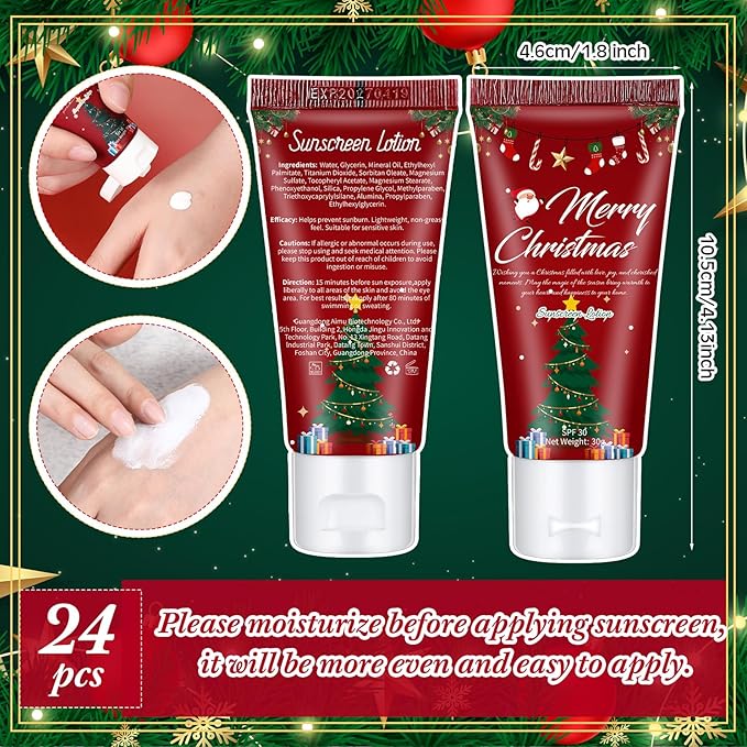 24 Pcs Mini Sunscreen Bulk for Christmas Party SPF 30 Water Resistant Sunscreen Lotion Bulk 1oz Travel Size for Thank You Gifts Christmas Party Supplies