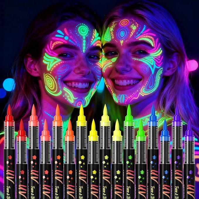 Glow in the Dark Body Paint,Halloween Makeup Kit,Neon Face Painting Markers Pen for Skin Glow Under Black Light, Washable UV Temporary Tattoo Pens for Glow Party Supplies (16 color)