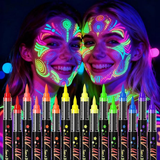 Glow in the Dark Body Paint,Halloween Makeup Kit,Neon Face Painting Markers Pen for Skin Glow Under Black Light, Washable UV Temporary Tattoo Pens for Glow Party Supplies (16 color)
