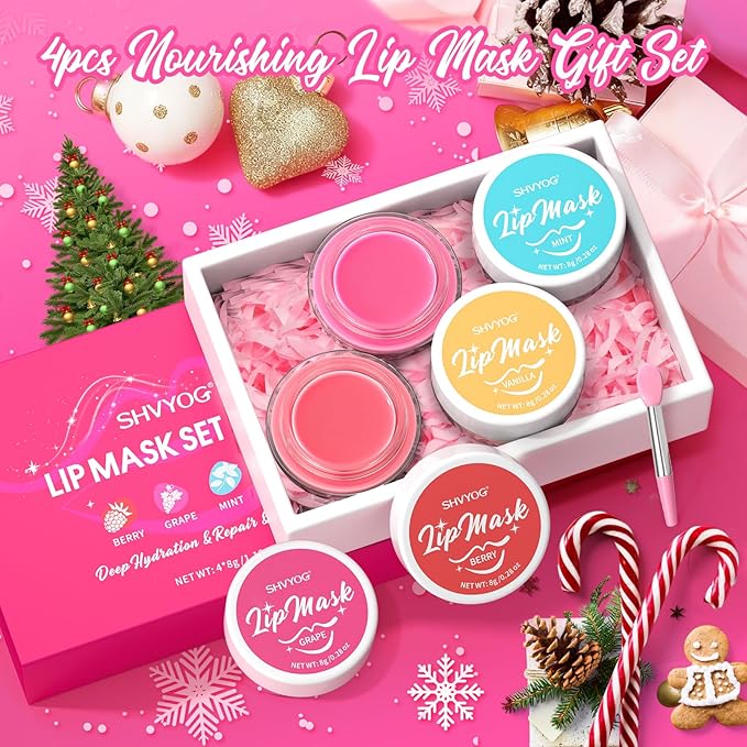 4 Pack Lip Mask Set, Hydrating Lip Mask Overnight - Berry, Grape, Mint, Vanilla Flavors, Lip Sleeping Mask Nourish Lip Balm with Vitamin C & Shea Butter | Dry Lips Care Gift