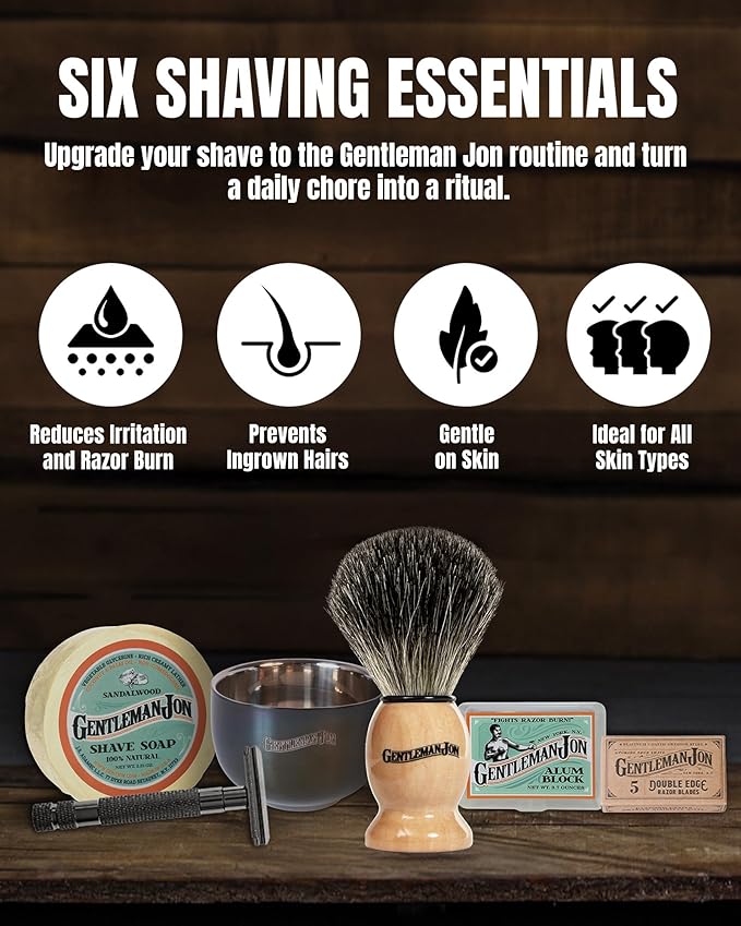 Gentleman Jon Safety Razor Shaving Kit - Vintage Wet Shave Grooming Set for Men, With Old Fashioned Razor, Badger Hair Shaving Brush, Alum Block, Shave Soap, Stainless Bowl & Double Edge Safety Blades