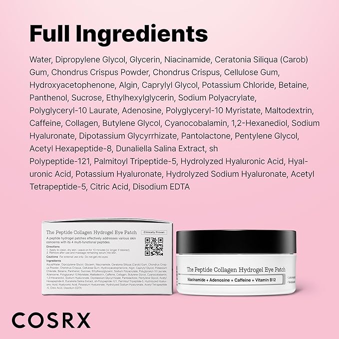 COSRX Pink Peptides Collagen Hydrogel Eye Patch for Puffy Eyes and Dark Circles, Under Eye Mask, 60 Under Eye Patches, Korean Skin Care - Stocking stuffers for women