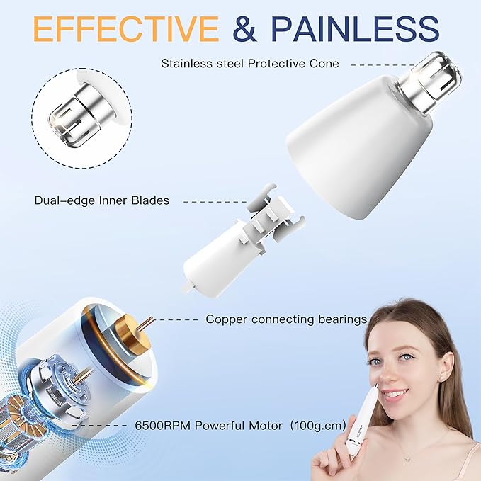 HEBECA Nose Hair Trimmer for Women Men - Electric Ear and Nose Hair Trimmer - 2 in 1 Facial Hair Remover Portable for Painless Face Eyebrow Trimmering Waterproof (Pearl White 2in1)
