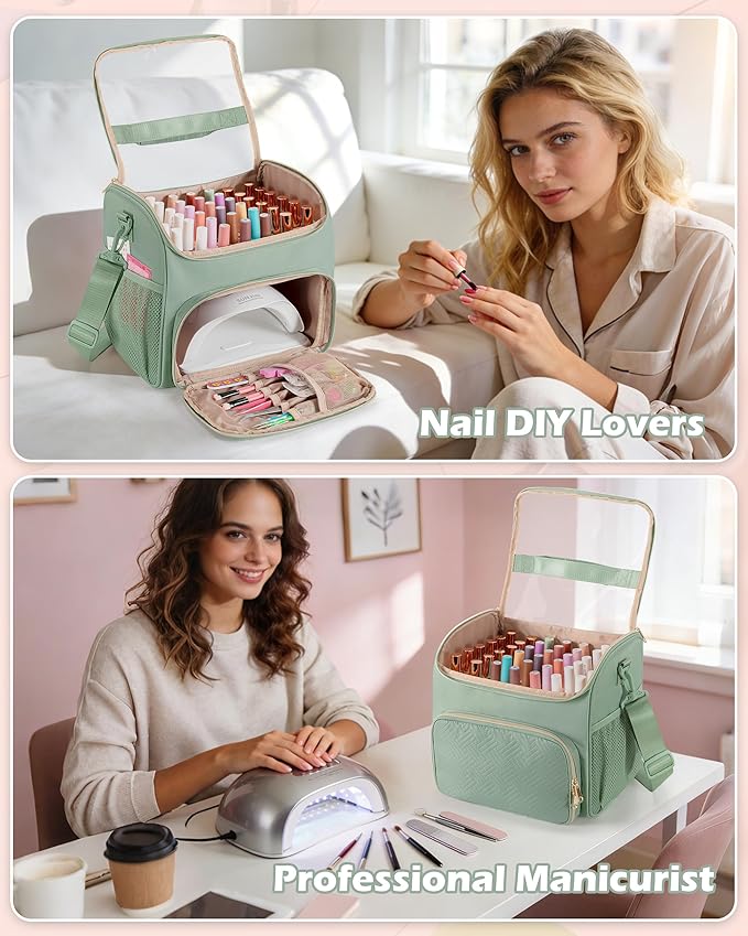 Nail Polish Organizer Bag Holds 42 Bottles(15ml/0.5 fl.oz), Double Layer Nail Storage Case for Gel Polish and Manicure Tools, Travel Nail Bag, Green