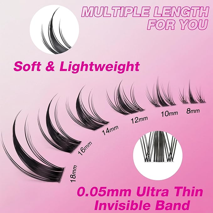 VEYESBEAUTY Lash Clusters Eyelash Extensions Thin & Invisible Band DIY Individual False Eyelashes Newbie's Five-Second Series Wispy Lash Tray for Self-application, Manga Lashes16mm Length