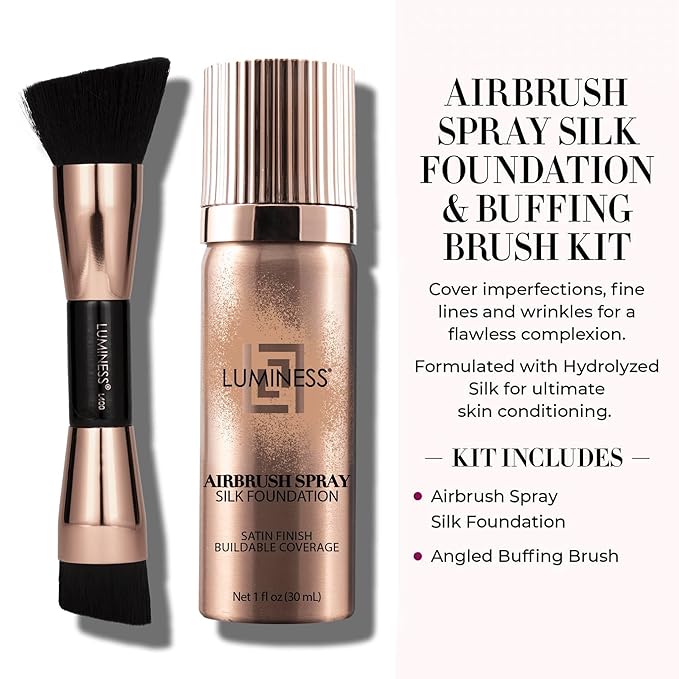 LUMINESS Silk Airbrush Spray Foundation 2-PC Kit - Foundation & Dual-Sided Angled Makeup Brush - Buildable Coverage, Anti-Aging Formula, Humidity Resistant, Hydrates & Moisturizes, Light Medium