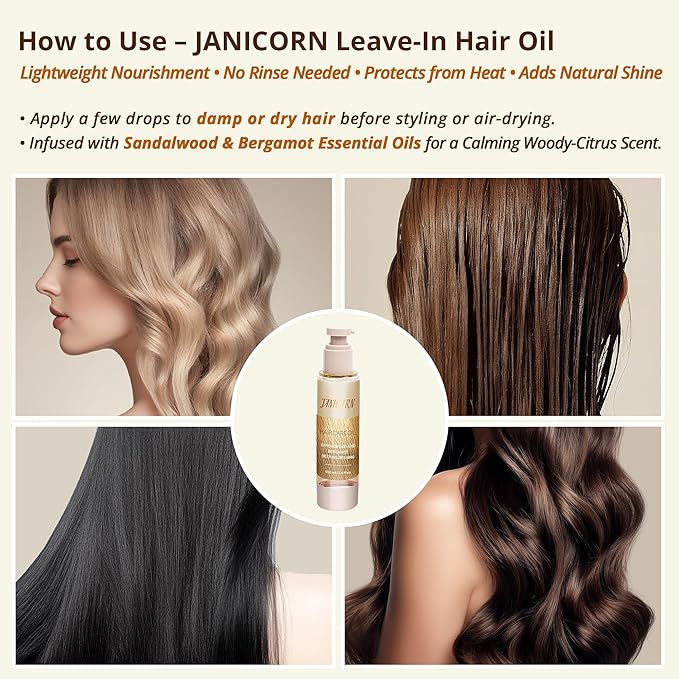 JANICORN Leave-In Hair Oil – Lightweight Hydration with Jojoba & Argan Oils, Sandalwood & Bergamot Aroma, Smooth Shine & Frizz Control for Fine to Frizz-Prone Hair, 3.4 fl oz / 100 ml