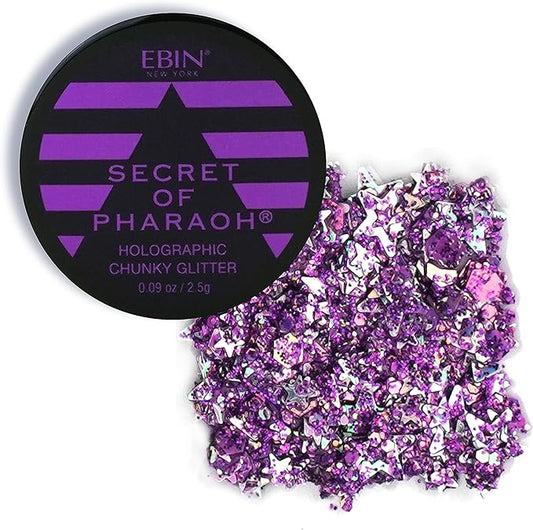 Secret of Pharaoh Holographic Chunky Glitter Gel for Face, Body, Hair - Purple Sparkle | Vibrant Colores, Festival and Party Makeup - Versatile and Long-Lasting, Dazzling and Shimmering Effect