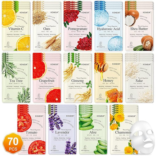 KONEUK 70 Pack Sheet Face Masks Skincare, Hydrating Face Masks Suitable for All Skin Types, Bulk Facial Mask Gifts Set for Women Skin Care, Home Skincare Spa for Sensitive Skin