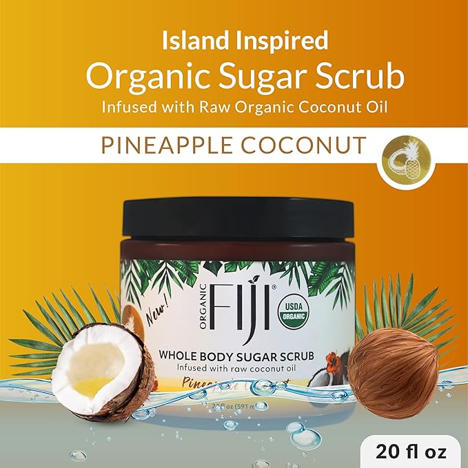 Organic Fiji Whole Body Scrub - Infused with Coconut Oil, Exfoliating Sugar Scrub for Smooth and Soft Skin, Exfoliates & Restores Skin's Natural Biosphere, Pineapple Coconut 20 oz