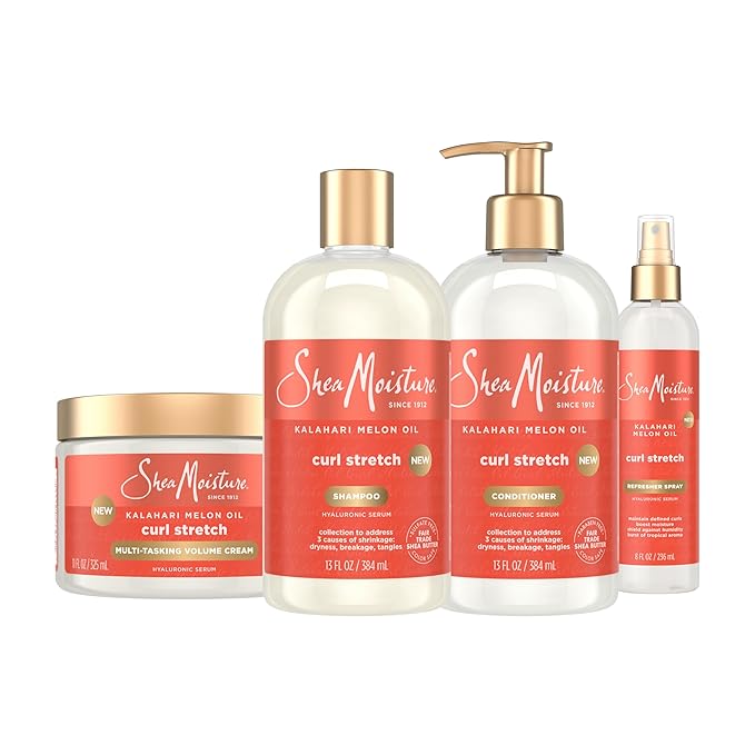 SheaMoisture Curl Stretch Shampoo, Conditioner, Volume Cream, and Refresher Spray with Kalahari Melon Oil and Hyaluronic Serum - Hydrates, Repairs Breakage, Detangles, Minimizes Shrinkage, 4 Pack