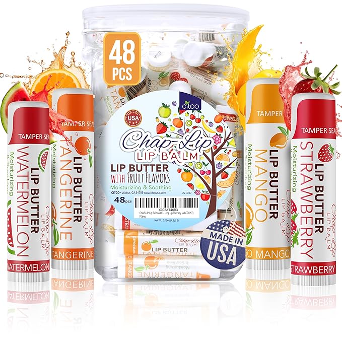 CHAP-LIP Original Lip Balm Hydrating Bulk Chap Stick with Fruit Flavors, Coconut Oil, and Cocoa Butter - Christmas Gift Stocking Stuffers Lip Therapy Pack for Men and Women - Made in the USA, 48 Pack