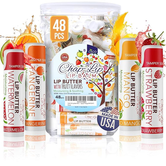 CHAP-LIP Original Lip Balm Hydrating Bulk Chap Stick with Fruit Flavors, Coconut Oil, and Cocoa Butter - Christmas Gift Stocking Stuffers Lip Therapy Pack for Men and Women - Made in the USA, 48 Pack