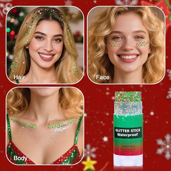 Christmas Hair Glitter Stick,Red and Green Silver Face Body Glitter for Kids,Waterproof Christmas Outfits for Women, Stocking Stuffers Sparkling Party Gift for Girls,Chunky Glitter Makeup