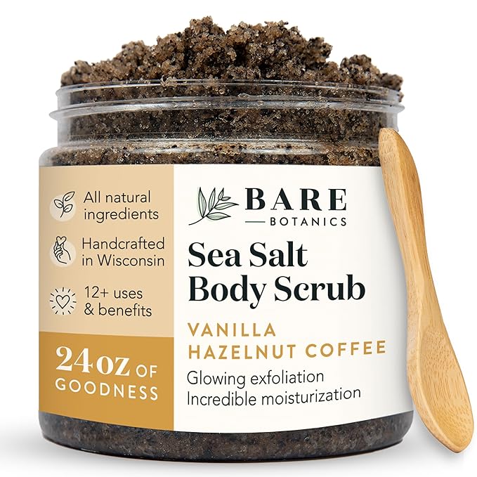 Bare Botanics Vanilla Hazelnut Coffee Body Scrub 24 oz - Naturally Scented Sea Salt Scrub Made in Madison, WI - Formulated w/Skin Loving Moisturizers - Vegan, Cruelty Free w/a Cute Wooden Spoon