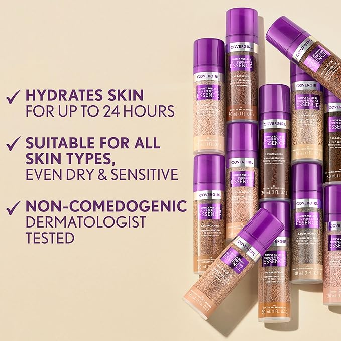 Covergirl Simply Ageless 60 Tan Foundation, Blending Brush - Skincare Makeup with Bakuchiol & Tranexamic Acid, Sheer Tint, 1oz