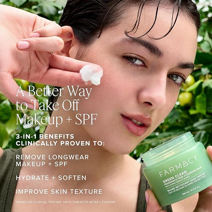 Farmacy Makeup Remover Cleansing Balm - Green Clean Waterproof Makeup Remover + Oil Based Cleanser - Newly Formulated Double Cleanser with Plant Based Waxes + Upcycled Moringa - Fragrance Free (200ml)