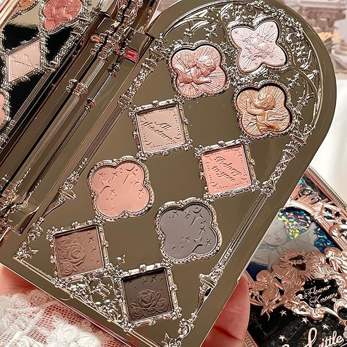 Flower Knows Little Angel 9-Color Eyeshadow Palette,Pink Beige Makeup Palette with 6 Matte + 3 Shimmer Shades,Blendable Smooth Cute Eye Makeup,0.37 Oz(01 Eden's Angel)