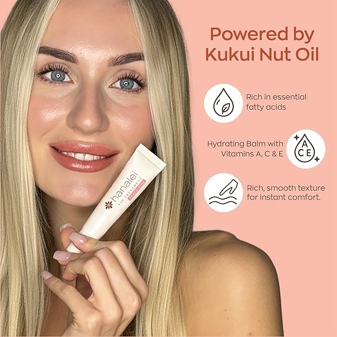 Hanalei Lip Treatment for Dry, Chapped Lips – Intensive Overnight Moisturizer with Kukui Oil, Shea Butter & Grapeseed Oil – Hydrating Balm for Healing Cracks – Peach Pink Tint, 15g – Cruelty-Free