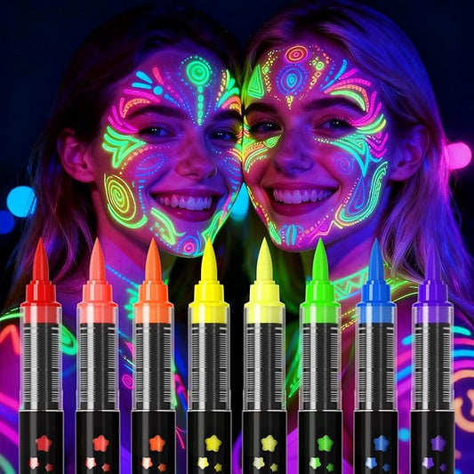 Glow in the Dark Body Paint,Halloween Makeup Kit,Neon Face Painting Markers Pen for Skin Glow Under Black Light, Washable UV Temporary Tattoo Pens for Glow Party Supplies (8 color)